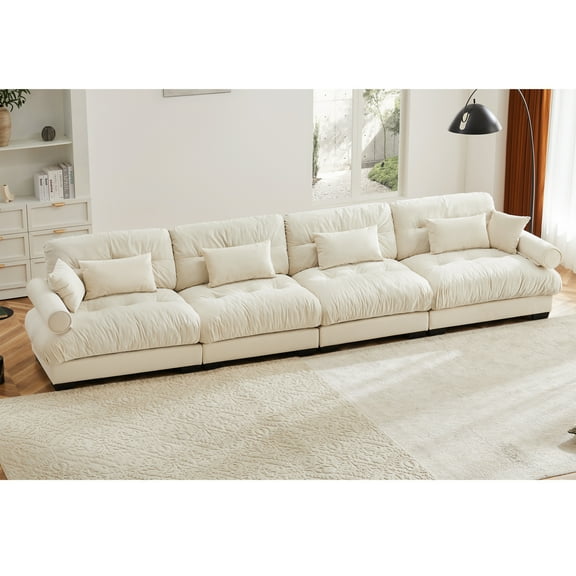 Super Comfort Oversized Modular Velvet Sectional Sofa Couch with Movable Ottoman,Corner Sectional with Bolstered Armrests, Deep Seat Cloud Couch, Convertible L Shaped Couch Cream