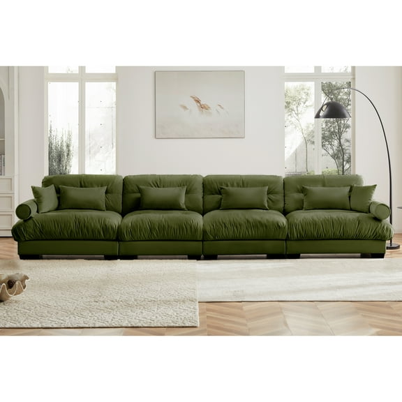 Super Comfort Oversized Olive Green Velvet Sectional Sofa Couch for Living Room | Deep Seat Cloud Couch with Movable Ottoman & Bolster Armrests | Flexible L-Shaped Design