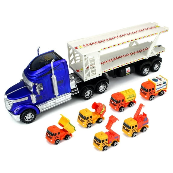 Super Construction Power Trailer Children's Friction Toy Truck Ready To Run Big Size w/ 6 Toy Construction Trucks, Lights, Sounds (Colors May Vary)