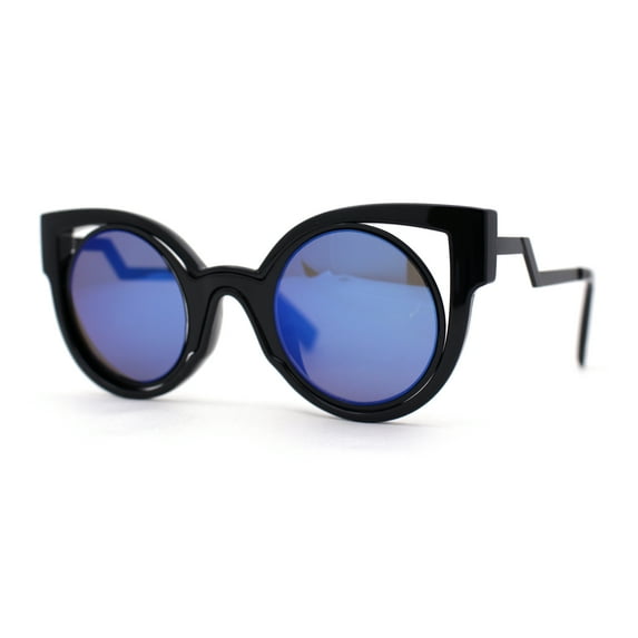 Super Cool Double Rim Art Deco Cat Eye Bolt Arm Sunglasses Black - Blue Mirror