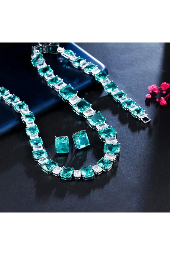 Super Cubic Zirconia Big Square Necklace Stud Earrings CZ Costume Jewellery Set