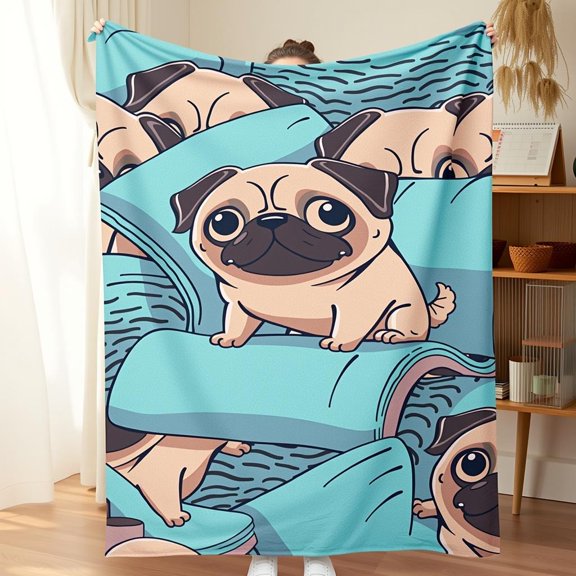 Super Cute Pug Design Soft Flannel Blanket, Suitable for Sofa, Bed or Couch - Warm, Comfortable, Lightweight Blanket, Perfect for Year-Round Living Room and Bedroom Decoration