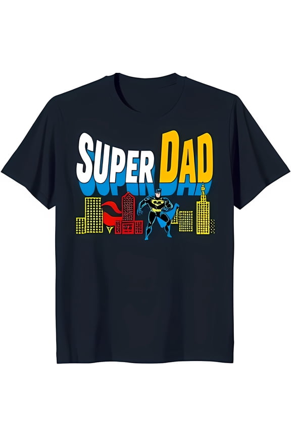 Super Dad Black T-Shirt Comic Book Style Hero Graphic with City