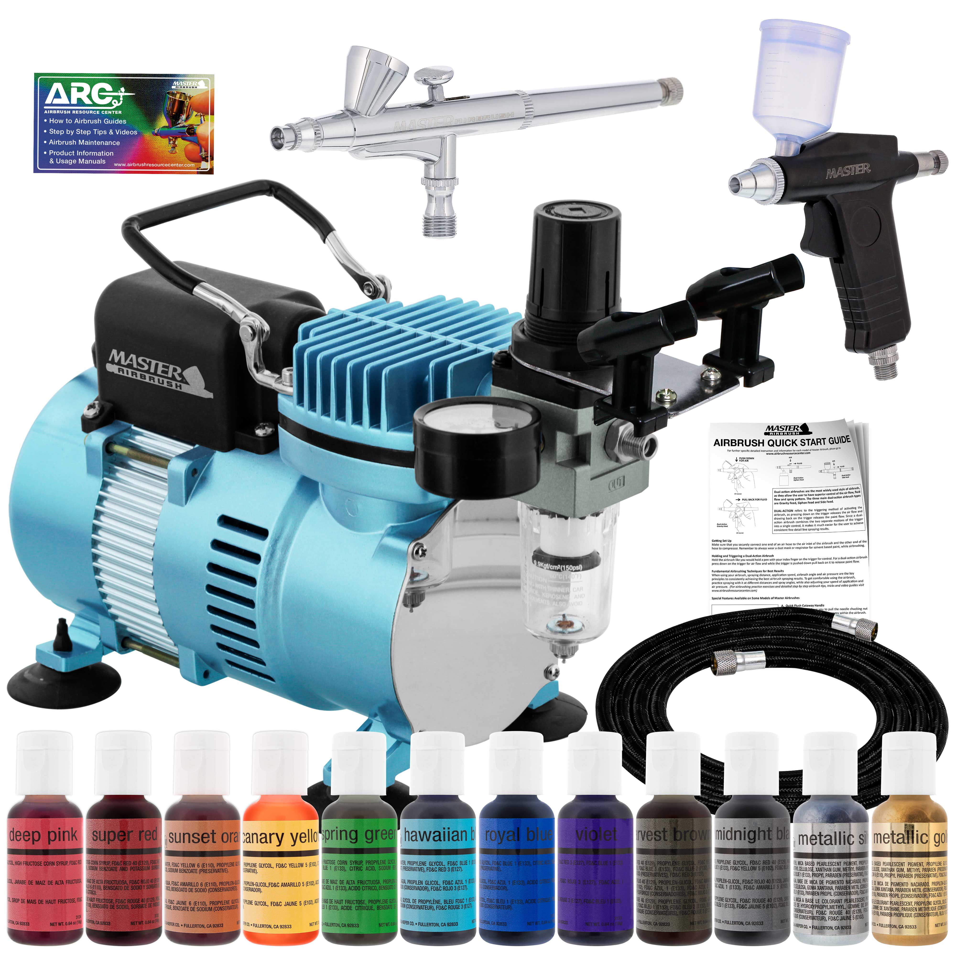 Deluxe 2 Airbrush Master Airbrush Cake Decorating Airbrushing System Kit with Set of 12 Chefmaster Food Colors, Gravity Feed Airbrushes, Air Compressor - Decorate Cakes Cupcakes Cookies Desserts