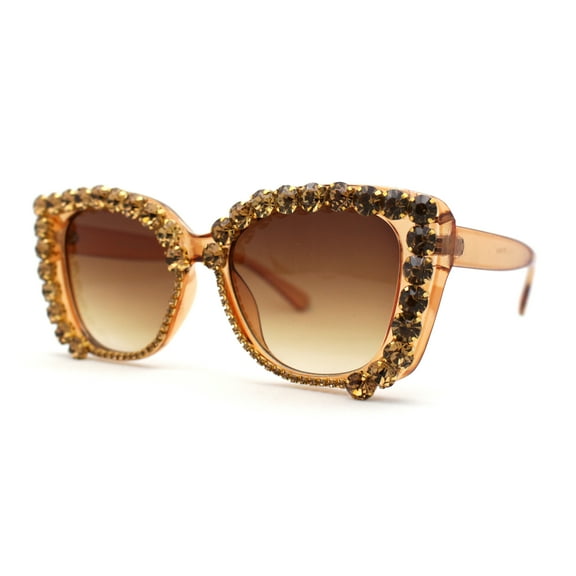 Super Dripping Huge Rhinestone Full Bling Cat Eye Sunglasses All Brown