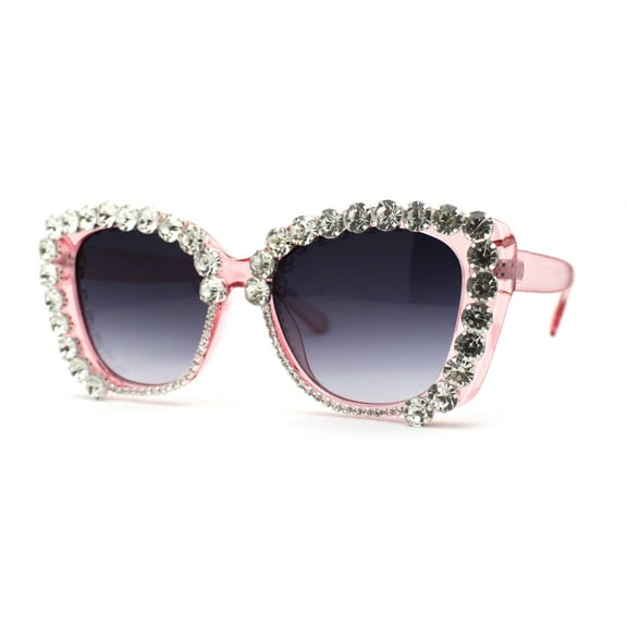 Super Dripping Huge Rhinestone Full Bling Cat Eye Sunglasses Pink Smoke