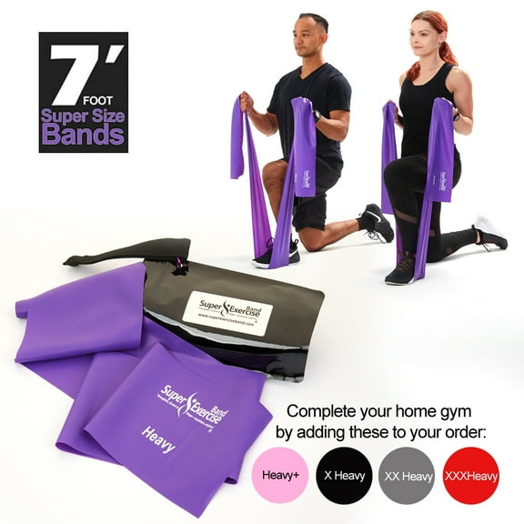 Super Exercise Band USA HEAVY Strength Purple 7 ft. Long. Latex Free Resistance Band. Door Anchor, Carry Pouch, E-book, and iPhone App included.