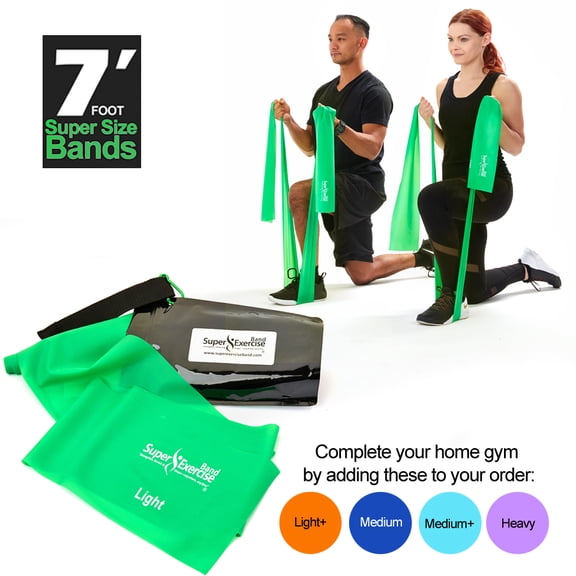 Super Exercise Band USA LIGHT Strength Green 7 Ft. Long. Latex Free Resistance Band. Door Anchor, Carry Pouch, E-book, and iPhone App included.