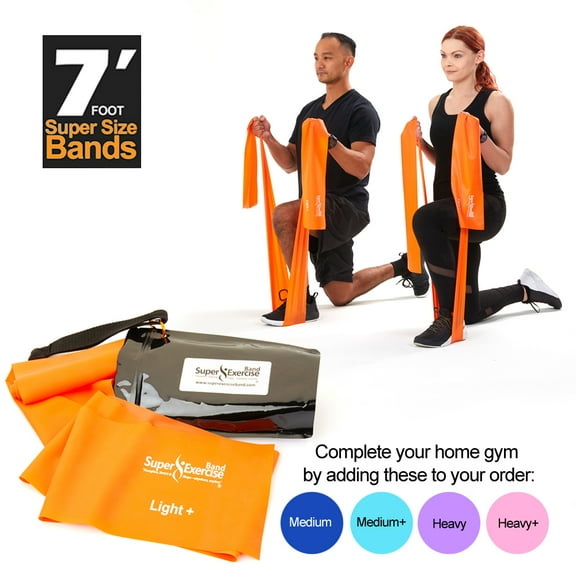 Super Exercise Band USA LIGHT  Strength Orange 7 Ft. Long. Latex Free Resistance Band. Door Anchor, Carry Pouch, E-book, and iPhone App included.