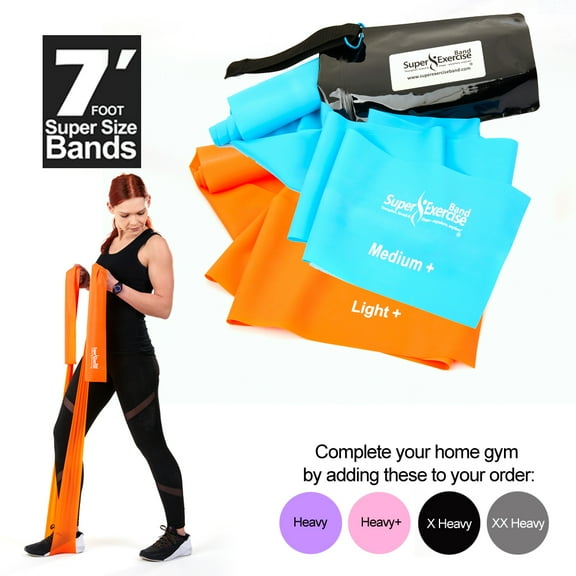 Super Exercise Band USA Light+ and Medium+ Strength 7 ft. Long Resistance Bands Set of 2. Latex Free Resistance Band. Door Anchor, Carry Pouch, E-book, and iPhone App included.