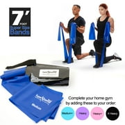 Super Exercise Band USA MEDIUM Strength Blue 7 Ft. Long. Latex Free Resistance Band. Door Anchor, Carry Pouch, E-book, and iPhone App included.