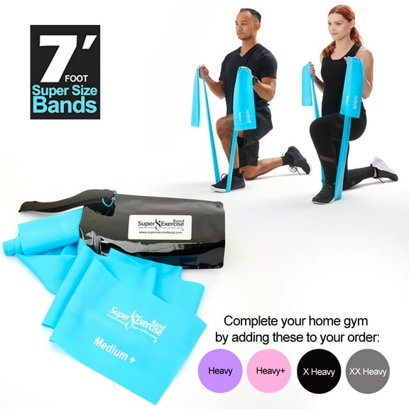 Super Exercise Band USA MEDIUM+ Strength Sky Blue 7 Ft. Long. Latex Free Resistance Band. Door Anchor, Carry Pouch, E-book, and iPhone App included.