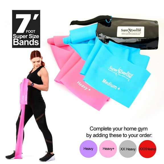 Super Exercise Band USA Medium+ and Heavy+ Strength 7 ft. Long Resistance Bands Set of 2. Latex Free Resistance Band. Door Anchor, Carry Pouch, E-book, and iPhone App included.