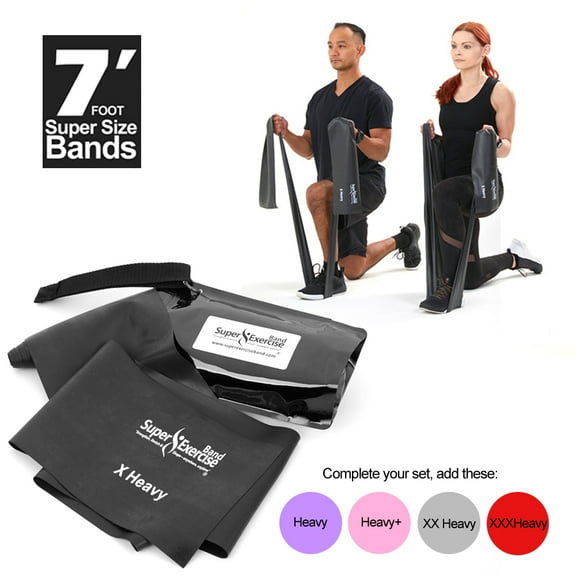 Super Exercise Band USA X HEAVY Strength Black 7 ft. Long. Latex Free Resistance Band. Door Anchor, Carry Pouch, E-book, and iPhone App included.