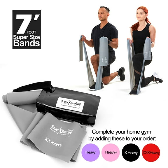 Super Exercise Band USA XX HEAVY Strength Gray 7 ft. Long. Latex Free Resistance Band. Door Anchor, Carry Pouch, E-book, and iPhone App included.