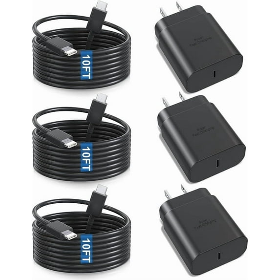 Super Fast Charger Type C, 25W USB C Wall Charger Compatible with Samsung Galaxy S25 Ultra/S25/S25+/S24+/S24 Ultra/S24/S24+/S23 Ultra/S22 Ultra/S21 with 10FT Long Android Type C Charger Cable 3Pack