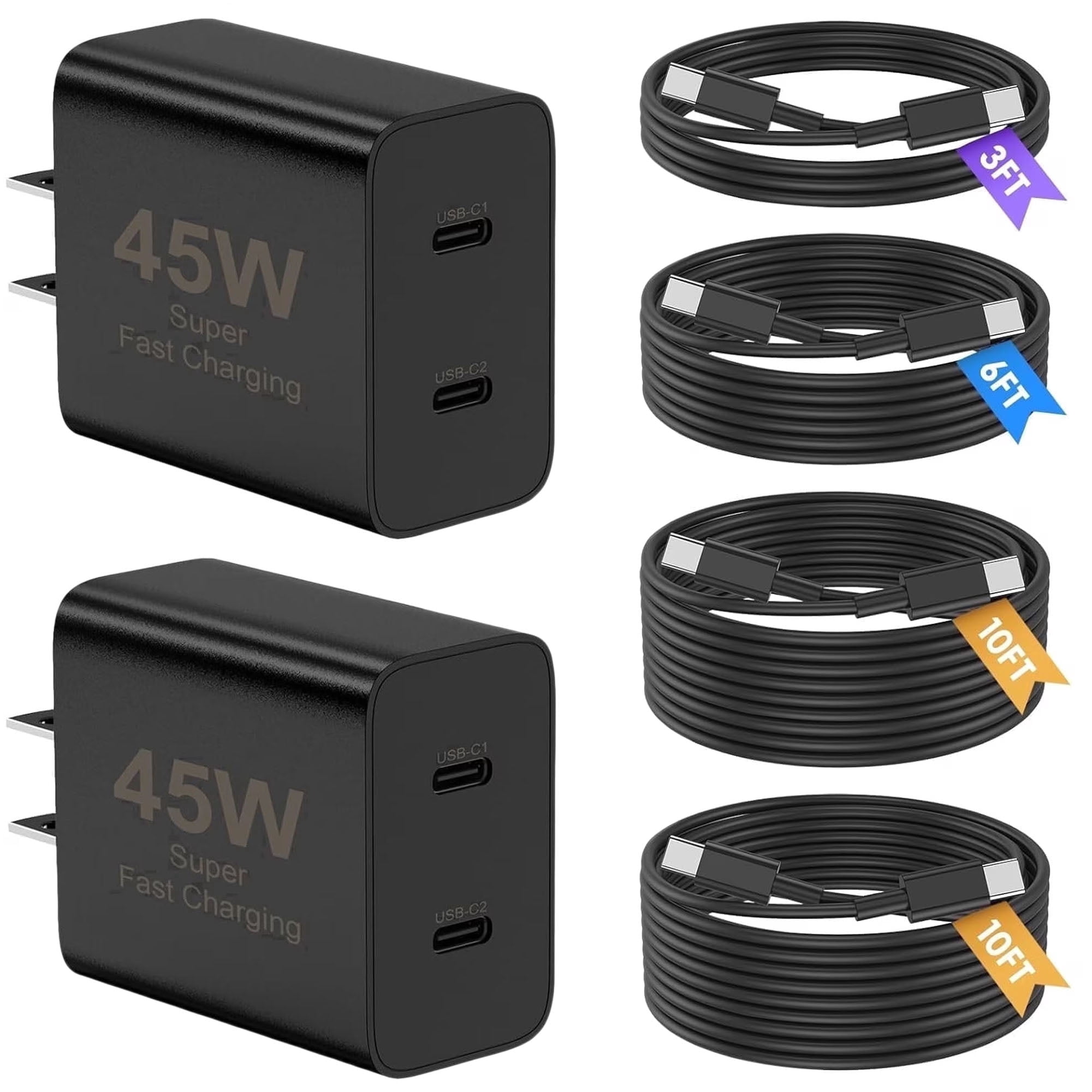 Super Fast Samsung Charger Type C, 2Pack 45W Dual Port USB C Fast Andriod Phone Charging Block with Long 60W 3/6/10/10FT USB C to C Cable Compatible with Samsung Galaxy S26/S25/S24 Ultra /S23 Case