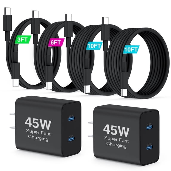 Super Fast Samsung Charger Type C, 45W Dual Port Android Phone Fast Charging USB C Wall Charger 2 Pack with 3/6/10/10FT USB C Cable for Samsung Galaxy S26 S25 Ultra/S24+/S23 iPhone 17 16 Case