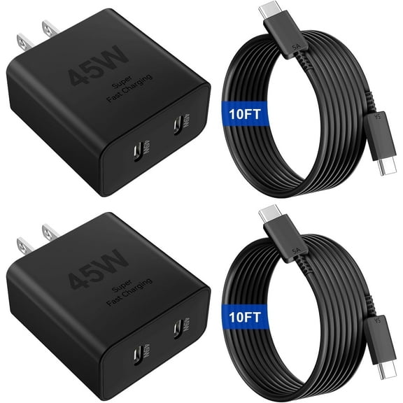 Super Fast Type C Charger Compatible for Samsung,45W Dual Port USB C Fast Charger Block 2-Pack & 60W 10FT USB C Cable Compatible for Samsung Galaxy S25 Ultra/S24 /S23 iPhone 16,Black