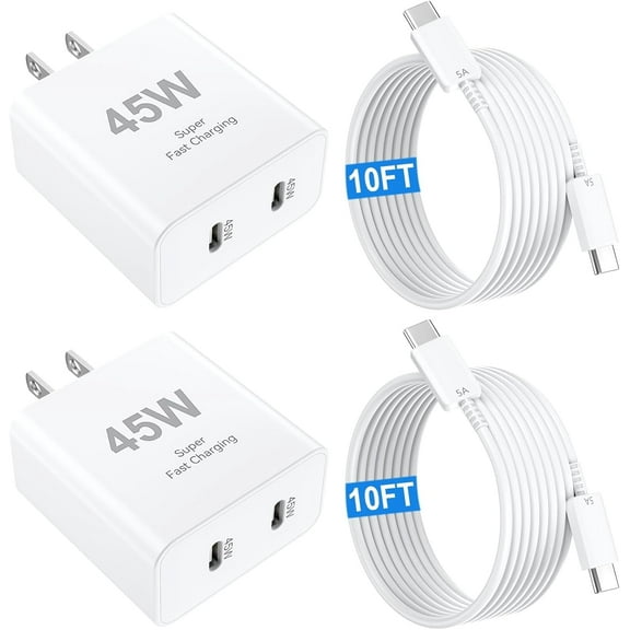 Super Fast Type C Charger Compatible for Samsung,45W Dual Port USB C Fast Charger Block 2-Pack & 60W 10FT USB C Cable Compatible for Samsung Galaxy S25 Ultra/S24+/S23 iPhone 16,White