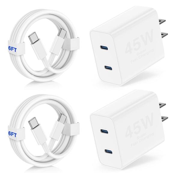 Super Fast Type C Charger Compatible for iPhone 17,45W Dual Port USB C Fast Charger Block 2-Pack & 60W 10FT USB C Cable Compatible for iPhone 17/16 Pro/15,Galaxy S26/S25 ultra/S24,White