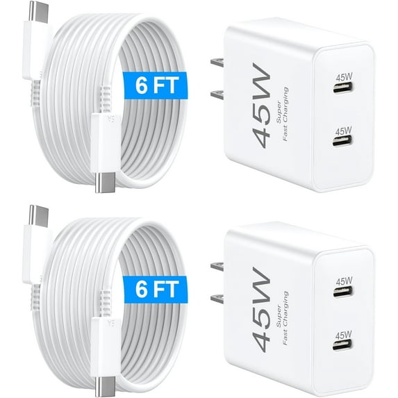 45W 2Pack Super Fast Charger USB C Dual Port Android Phone Charger Type C Charging Block with 6FT Type-C Charger Cord Compatible for iPhone 16,Samsung Galaxy S25 Ultra/S25+/S24 Ultra/S23/S22/S21/S20