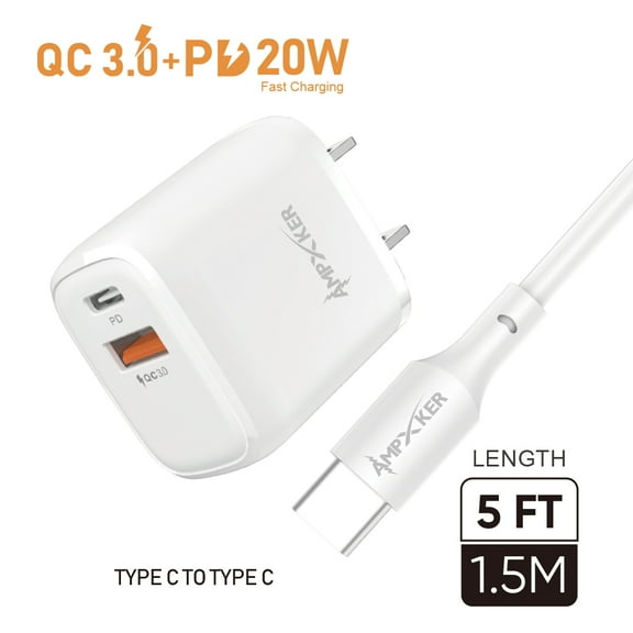 Super Fast Wall Charger and Type C to Type C Cable, QC 3.0 + PD 20W Combo Wall Adapter Dual Ports with Single Cable Type-C (1.5M / 5FT) [ White ]
