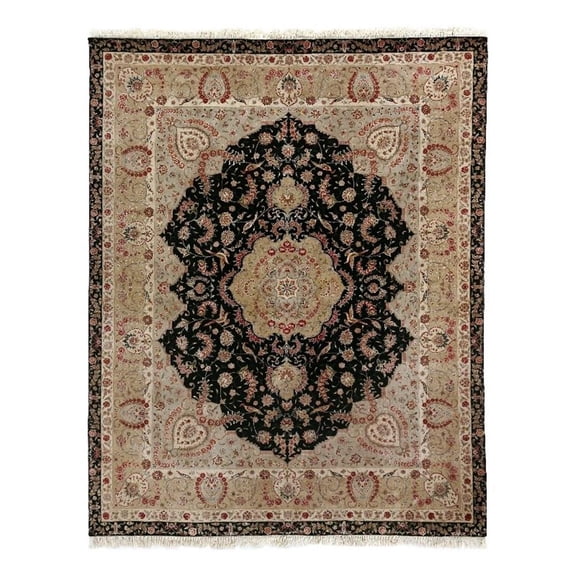 Super Fine Tabriz Hand-Knotted New Zealand Wool Black/Ivory 9'x12' Area Rug