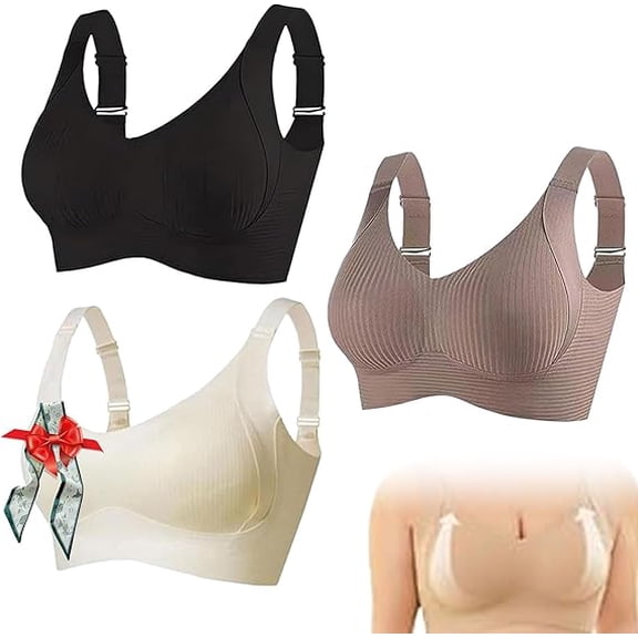 Super Firming Wire-Free Bra All-Day Comfort No More Sagging,Women's Ribbed Adjustable Wireless Bra for Women(White black dark Brown,Medium)