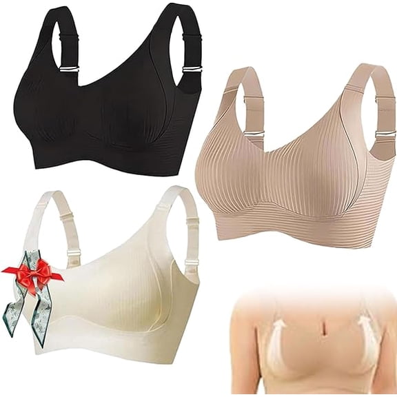 Super Firming Wire-Free Bra All-Day Comfort No More Sagging,Women's Ribbed Adjustable Wireless Bra for Women(White black khaki,3X-Large)