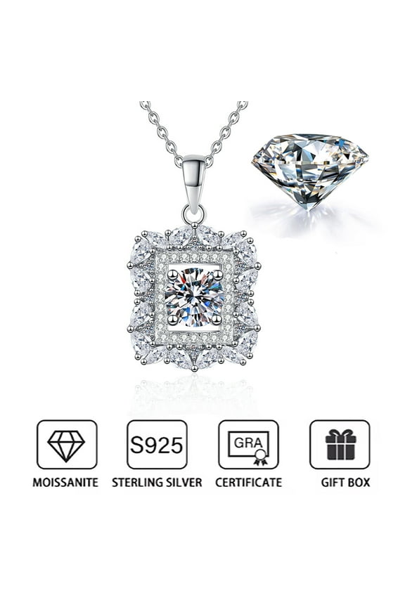 Super Flash 1 Carat Moissanite Diamond Necklaces for Women, 925 Sterling Silver 18K White Gold plated Hypoallergenic Necklaces Pendant Clavicle Chain Jewelry Gifts for Women