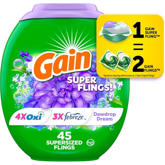 Super Flings Laundry Deternt Pacs, 45 Count, Dewdrop Dream scent, and fresh washing deternt laundry soap pacs