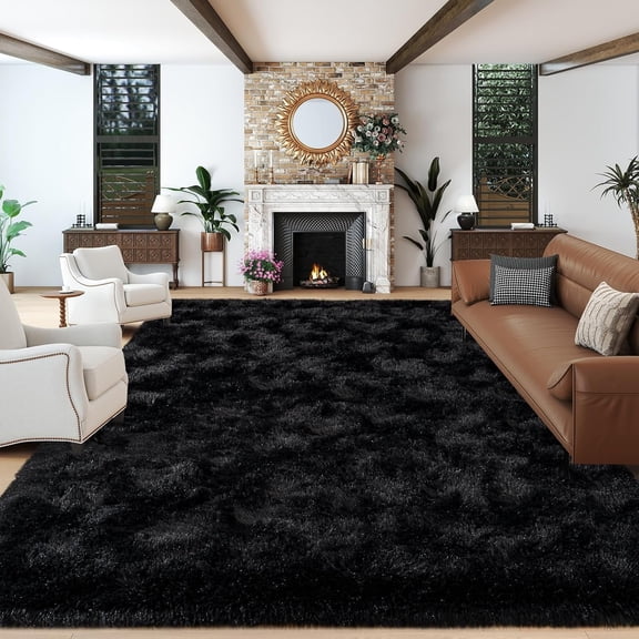 Super Fluffy Black 8x10 Area Rugs for Living Room, Modern Large Shag Rug for Bedroom, Non-Slip Plush Shaggy Thick Black Carpet for Indoor Home Office Decor