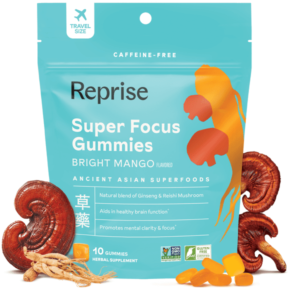 Reprise Adult Caffeine-Free Super Focus Herbal Supplement Gummies with Ginseng and Reishi Mushroom, Bright Mango Flavor, 10 Count