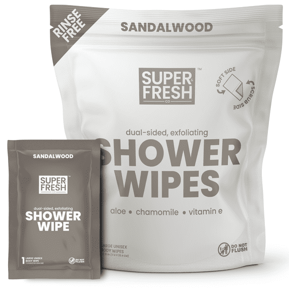 Super Fresh Shower Wipes Large Sandalwood Body Wipes for No Rinse Bathing Personal Hygiene Gym Travel or Camping Enriched with Aloe and Vitamin E 10 Individually Wrapped Disposable Sheets