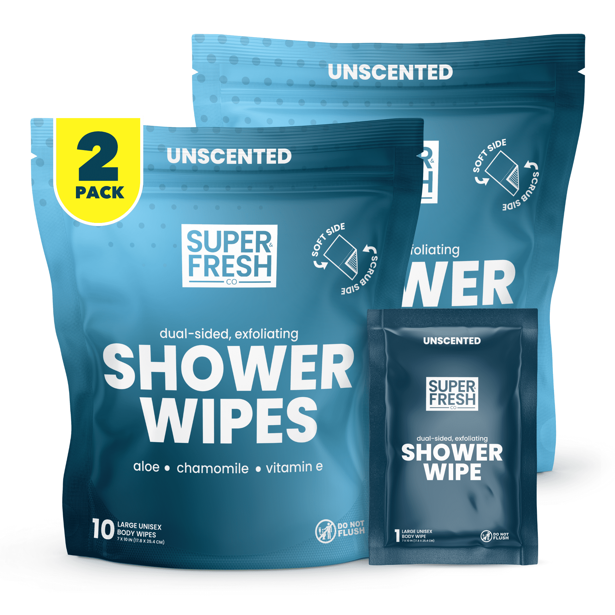 Super Fresh FunkBlock Shower Wipes - Large Body Wipes for Hygiene, Camping Wipes, Gym & Travel. No Rinse Bathing Wipes with Aloe & Vitamin E. Unscented. Bag of (20) Individually Wrapped Wipes