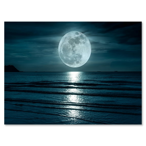 Super Full Moon Over The Sea I 12 in x 8 in Painting Canvas Art Print, by Designart