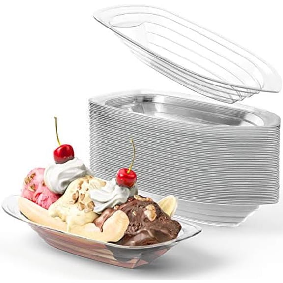 Super Fun Recyclable 8oz Banana Split Boats 50 Pack. Durable, Disposable Ice Cream Sundae Bowls. Perfect Plastic Cups for Social Event or Kids Birthday Party. Great Clear Dessert Tray for Carnivals.
