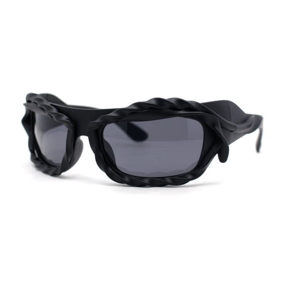 Super Funky Shoe Lace Trim Rectangular Wrap Around Plastic Sunglasses All Black