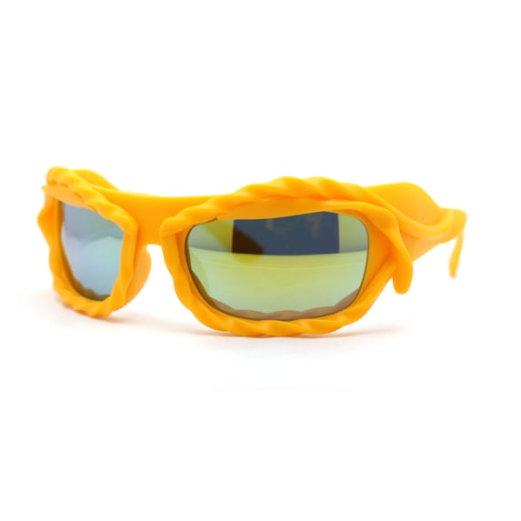 Super Funky Shoe Lace Trim Rectangular Wrap Around Plastic Sunglasses Yellow - Yellow Mirror