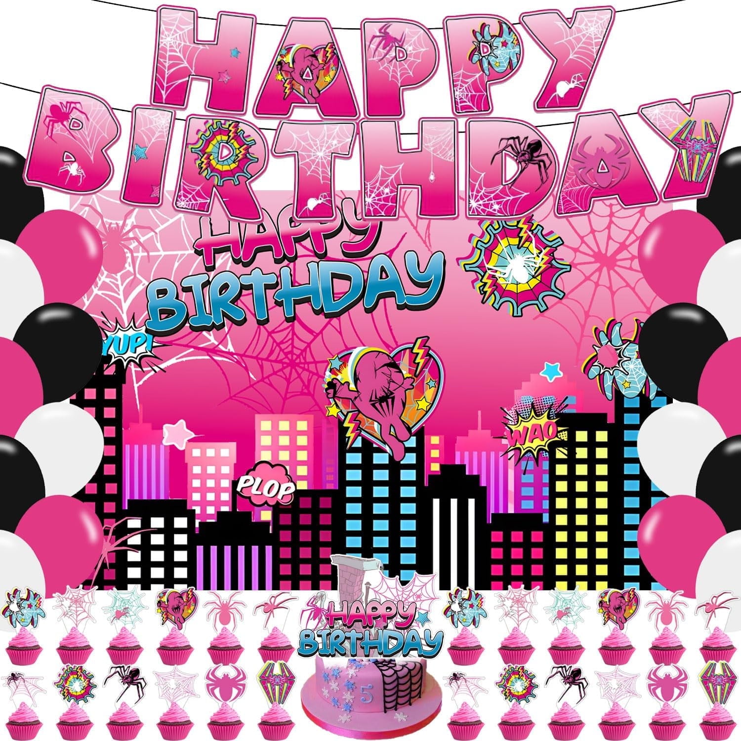 Super Girl Hero Birthday Party Supplies,Pink Spider Web Party Decorations Include Backdrop Banner Cake Topper Party Ballons for Cartoon City Super Heros Party