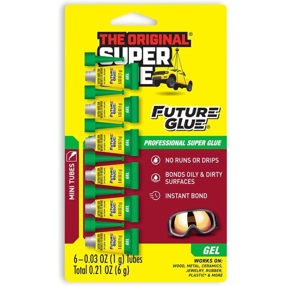 Super Glue Future Glue Gel 6 Mini Single Use Tubes, Clear, Instant Bonding, Fast Dry, Professional Cyanoacrylate Adhesive, Great for Wood, Metal, Plastic, Crafts, Ceramic, and Toy Repairs