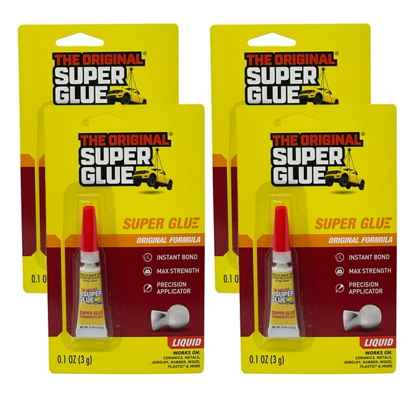 Super Glue Original Formula, 0.1 OZ - Clear Glue for Plastic, Wood, Ceramic Glue Repair - Heavy Duty, Strong Adhesive - Multipurpose Super Glue for Rubber, Shoes and More, 4 Packs