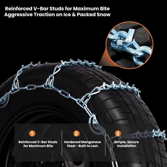 Super Grip V-Bar Ice & Snow Chains 2 Pack for Cars & SUVs - 14" to 18" Tire Anti-Slip Ice & Deep Snow Traction, Easy Installation, Manganese Steel Alloy Built to Last for Extreme Winter Weather.