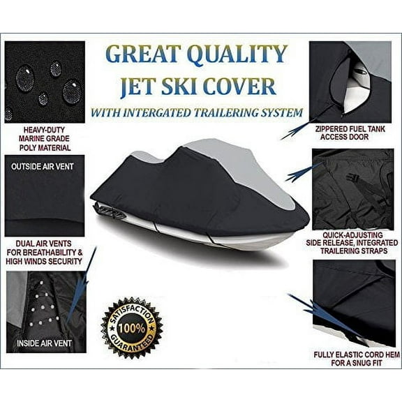 Super Heavy-Duty PWC 600D Jet SKI Cover Compatible for Sea Doo Sea-Doo Bombardier GTS 1990-2000, GTX 1992-1995 Jet Ski Cover Black/Grey