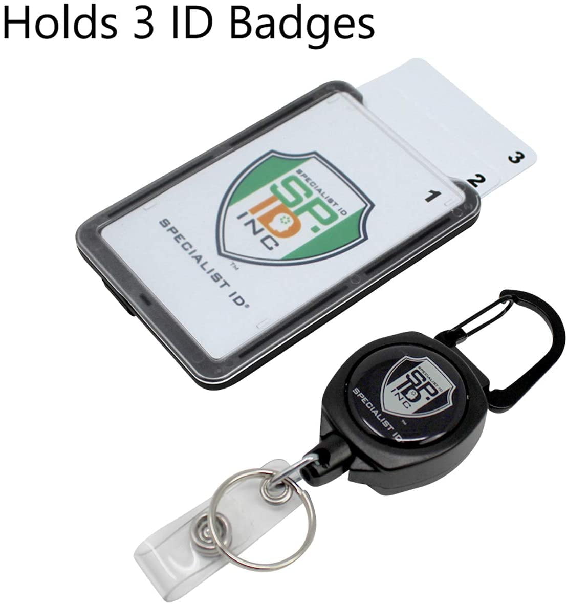 Super Heavy Duty Sidekick Retractable Badge and Key Reel - Carabiner Clip -  with Three Card ID Badge Holder (Holds 3 Badges) by Specialist ID 