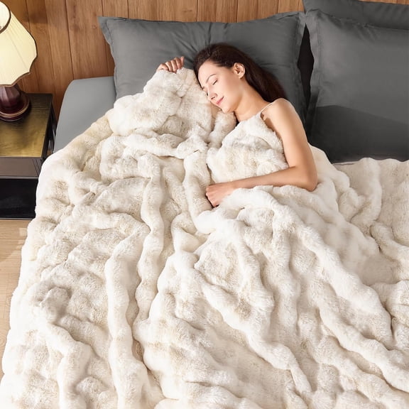 Super Heavy Warm Cozy Blankets for Couch Bed Sofa, Bubble Plush Fuzzy Elegant Soft Reversible Mink Blanket for Living Room Bedroom, Cream White