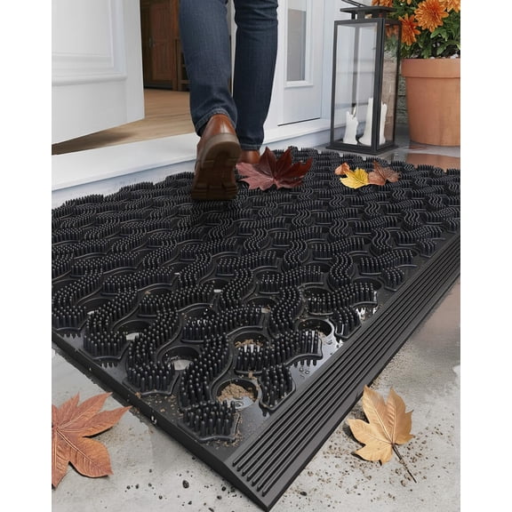 Super Heavyweight TPE Stormproof Welcome Mat Outdoor, Eco-Friendly Materials Odor-Free Door Mat with Connectors & Non-Slip, All Weather Outside Entrance Barefoot Friendly, Black