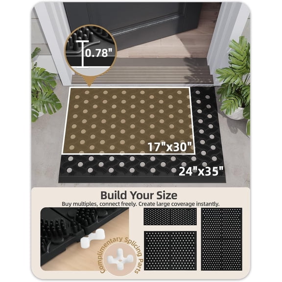 Super Heavyweight TPE Stormproof Welcome Mat Outdoor, -Friendly Materials Odor-Free Door Mat with Connectors & Non-Slip, All Weather Outside Entrance Barefoot Friendly, 24"x36" Black