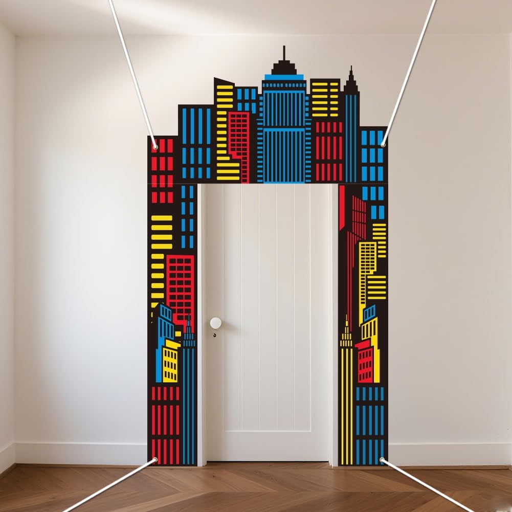 Super Hero Cityscape Photo Door Banner 4.9x8.6 Ft Superheroes Birthday Party Decorations Photography Backdrop Skyscraper City Background Hanging Porch Banner